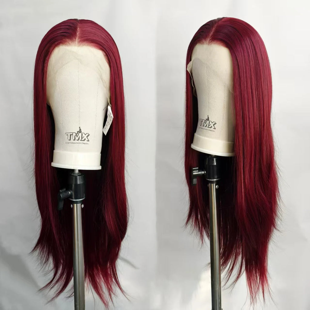 Wine Red Lace Front Wig Pre Plucked Natural Straight Red Wig Heat Resistant Fiber Synthetic Glueless Wig  for Women