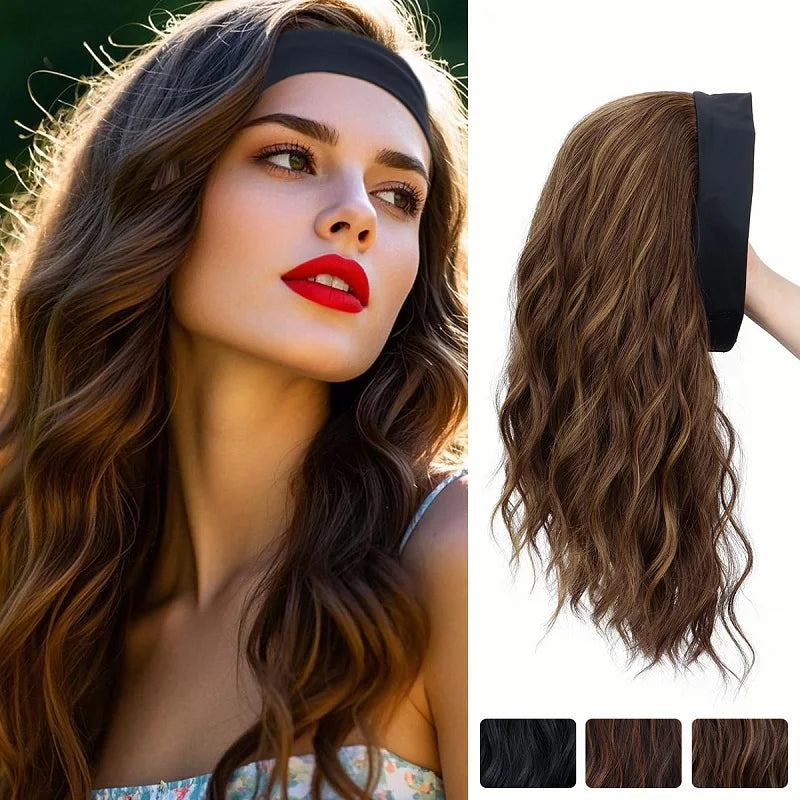 Headband Synthetic Wigs Short Curly Brown Highlight Golden Headband Wigs for Women Daily Cosplay Heat Resistant