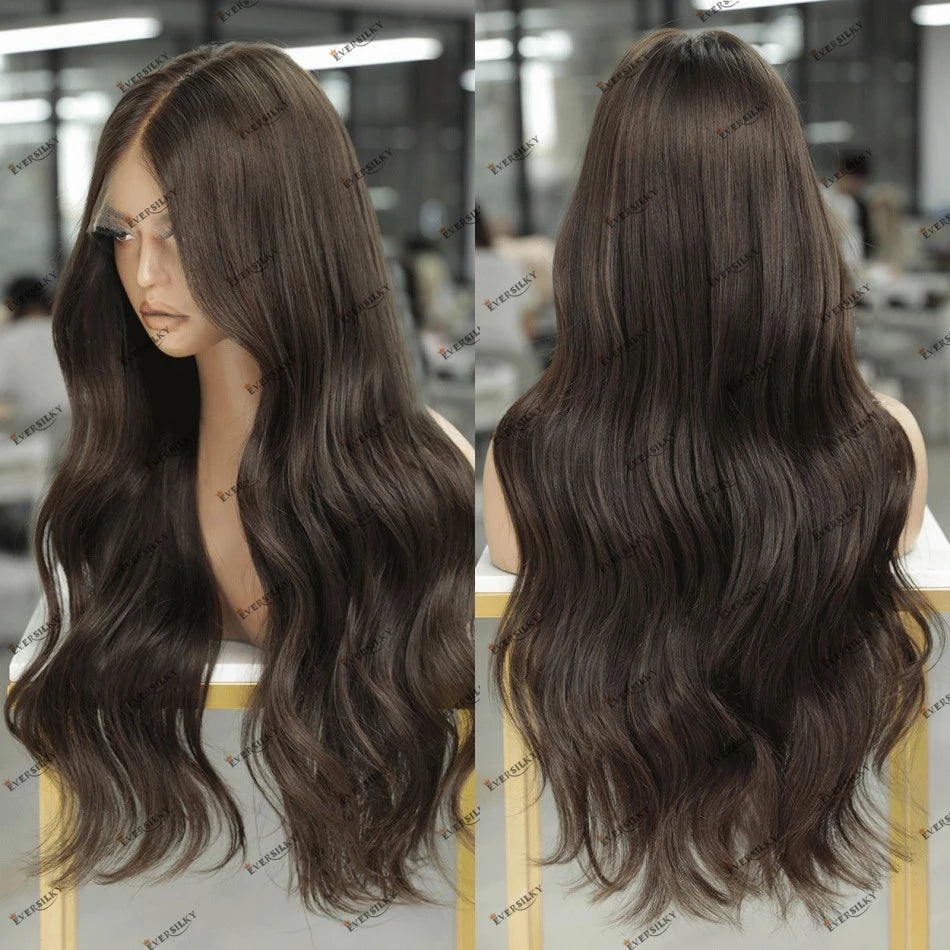 Wavy Human Hair Cool Brown Lace Front Wig Remy Brazilian 100% Human Hair 360 Lace Frontal Wigs with Elastic Band U Part Wigs