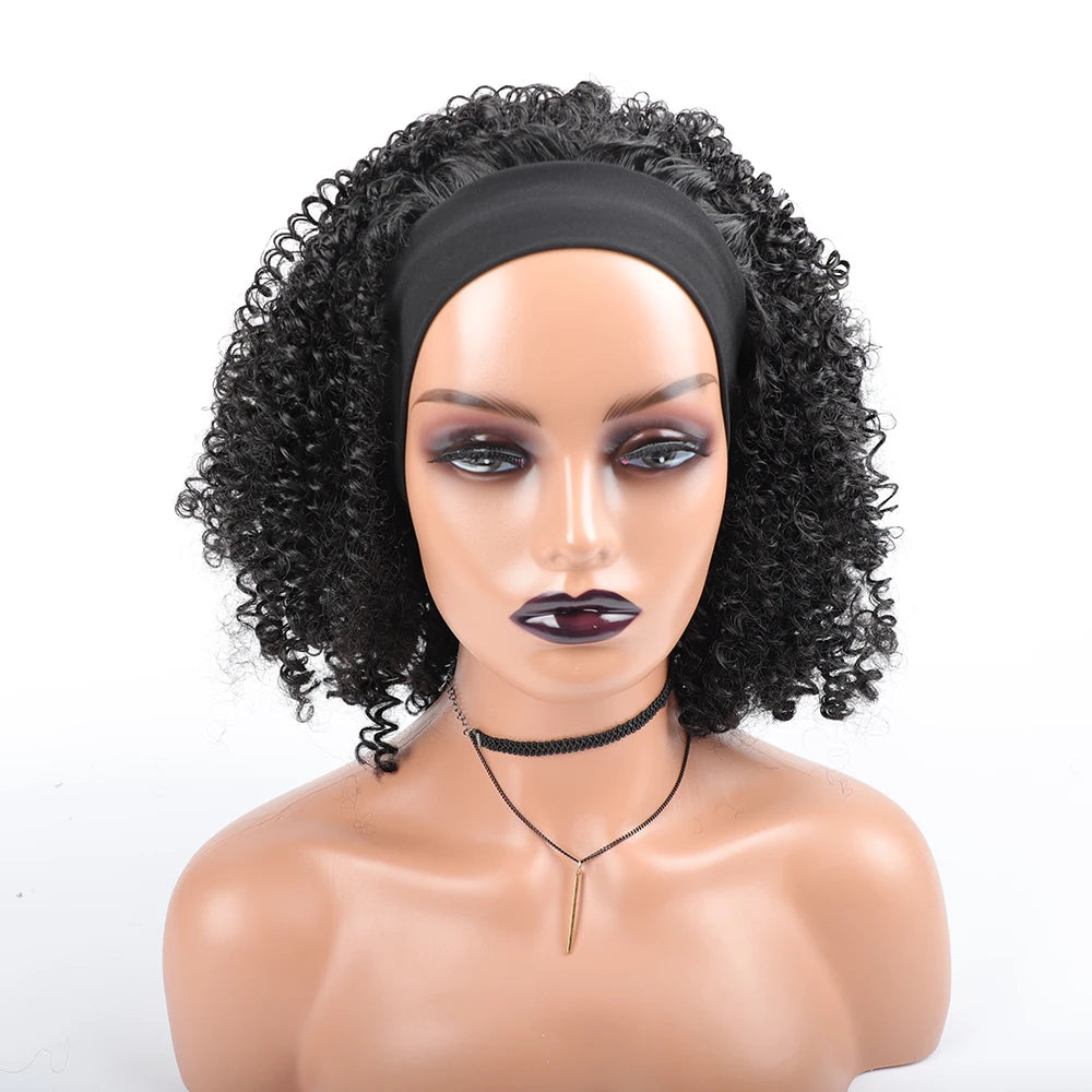 Headband Wig Synthetic Curly Short African American Wigs Afro Wig with Headbands Black Women's Synthetic Afro Wigs with Bandage