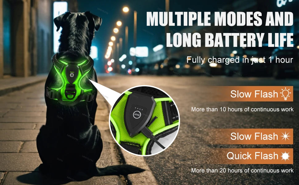 LED Glowing Luminous Dog Harness Rechargeable Safety Vest For Night Walking 3 Light Modes Pet Harnesses