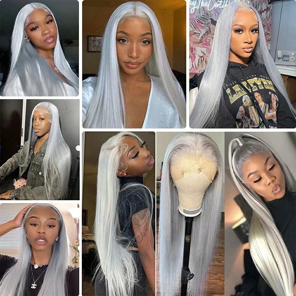 Grey 13x4 Lace Frontal Wigs for Women Human Hair Straight Silver Grey Colored Lace Front Wig Remy Brazilian Wigs 30 32 34 Inches