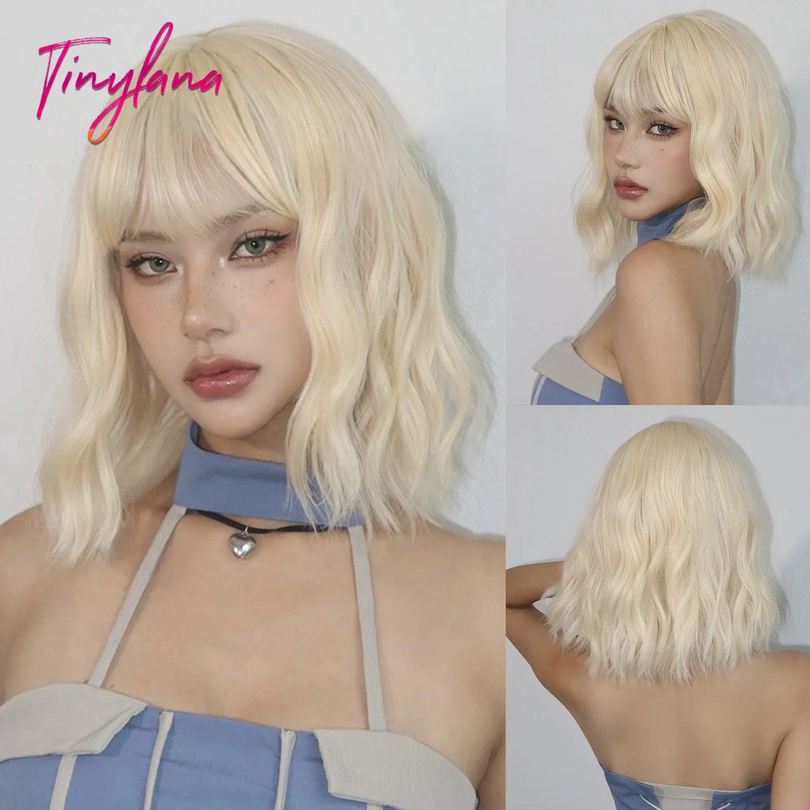 Blue Bob Curly Wavy Synthetic Wigs with Bangs Short Colorful Blue Cosplay Wig for Women DaiIy Lolita Natural Heat Resistant Hair