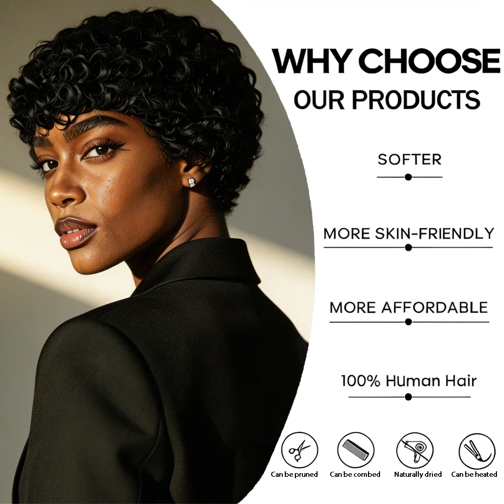 Natural Black Short Kinky Curly Wig with Bangs 100% Human Hair Machine-made Black Pixie Cut Curly Wig for Women Breathable Cap