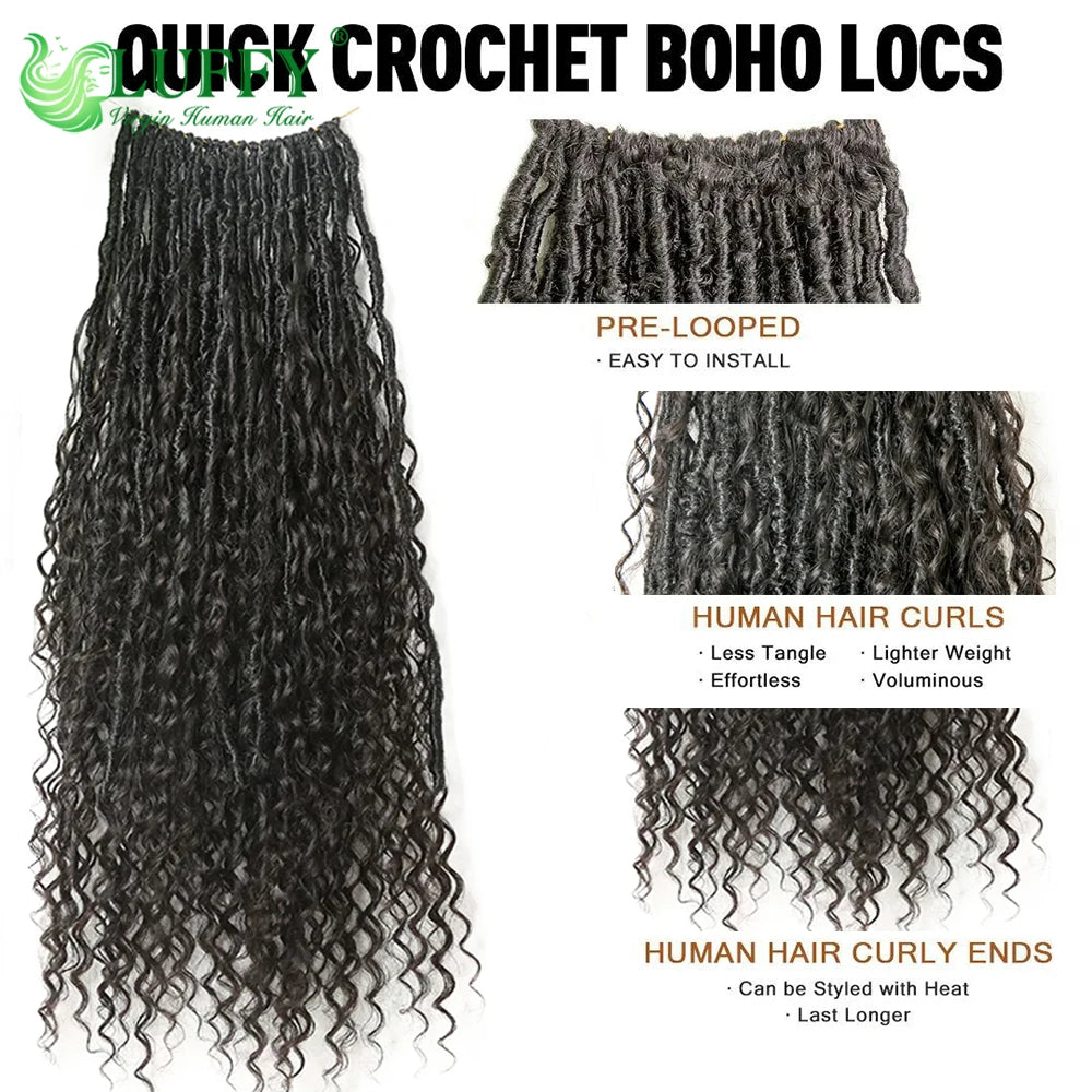 Human Hair Boho Locs Crochet Hair Pre Looped Crochet Boho Dreadlocks Human Hair Curly Ends Braiding Hair Extensions