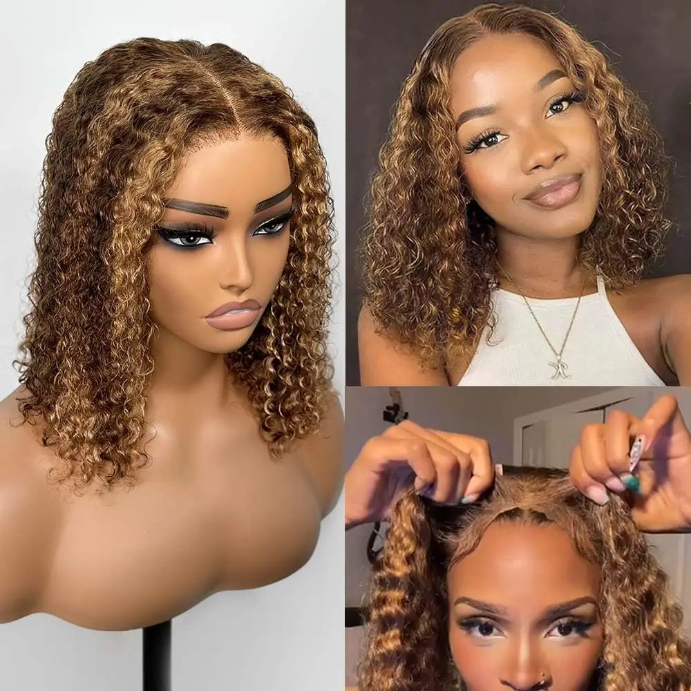 4/27# Highlight Ombre Deep Wave Bob Wig For Women 5x5 Glueless Curly Honey Blonde Wigs Human Hair Pre Plucked Wear and Go Wigs