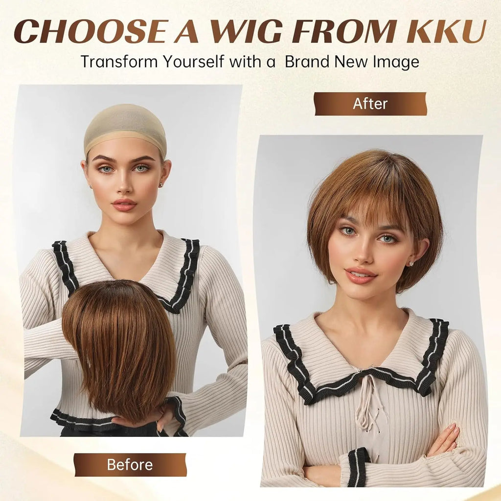 100% Human Hair Short Bob Wig with Bangs Honey Blonde Golden Highlights Glueless Wig for Women Heat Resistant Natural Daily Use