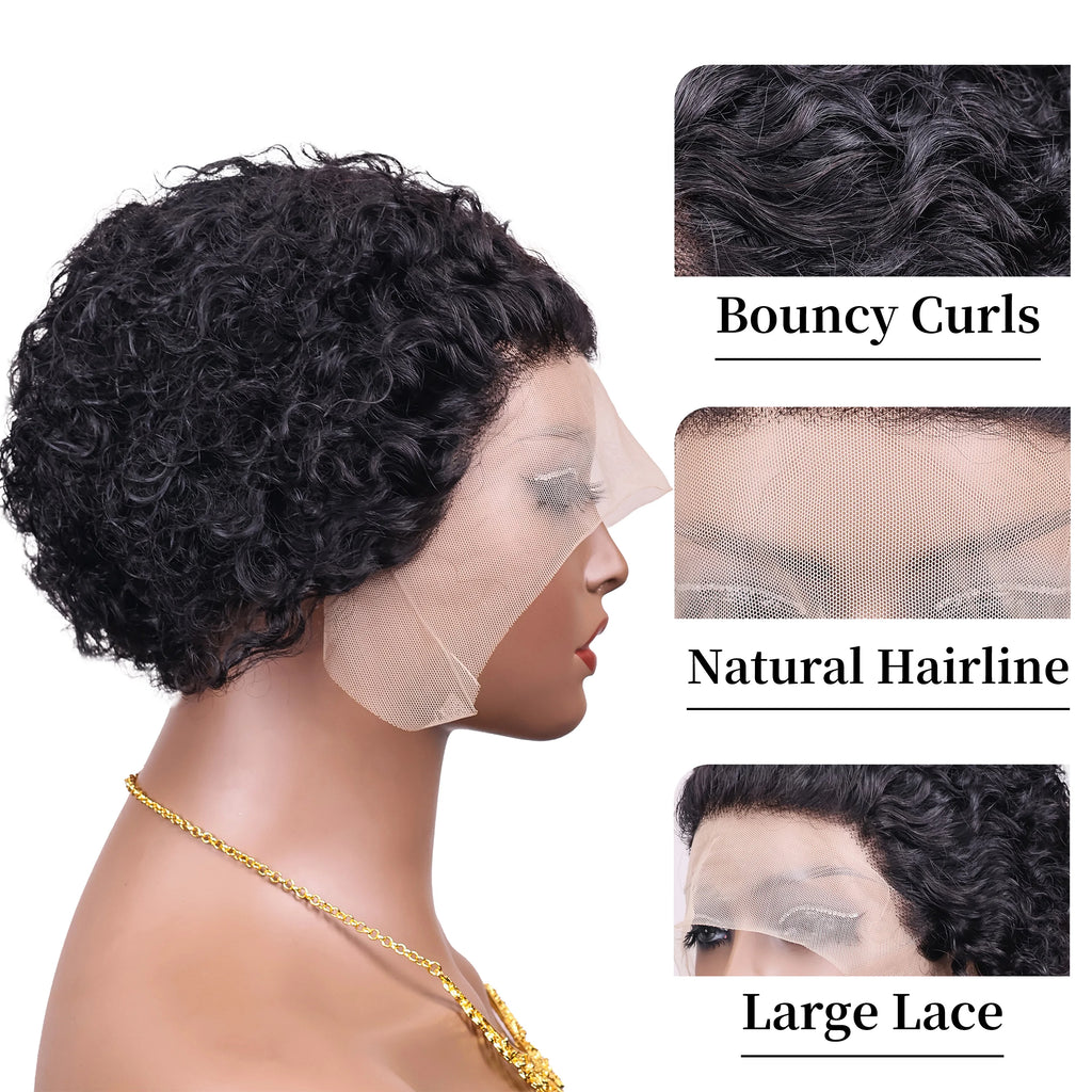 Short Curly 13x1 Lace Curly Pixie Cut Wig 180% Density Human Hair Lace Front Bob Wigs for Women Natural Color Pre Plucked 6 Inch