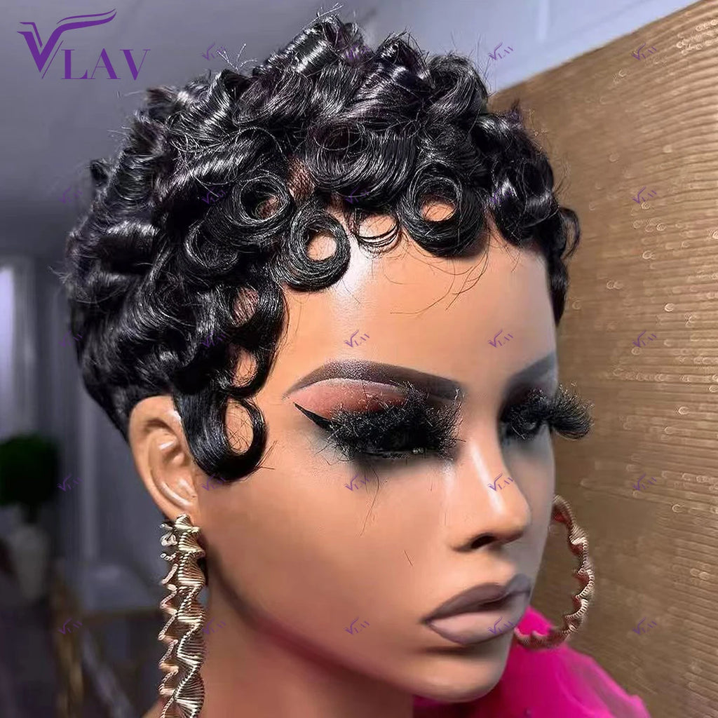 Bob Wig With Bangs Hair For Black Women Glueless Wigs Human Hair 13×4 Lace Short Black Straight Pixie Cut Water Wave Curly Hair