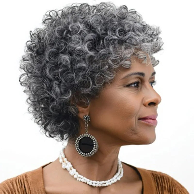 6 Inch 150% Density Full Machine Made Human Hair Wig Short Curly Light Gray Afro Wig Natural Looking For Black Women Daily Wear