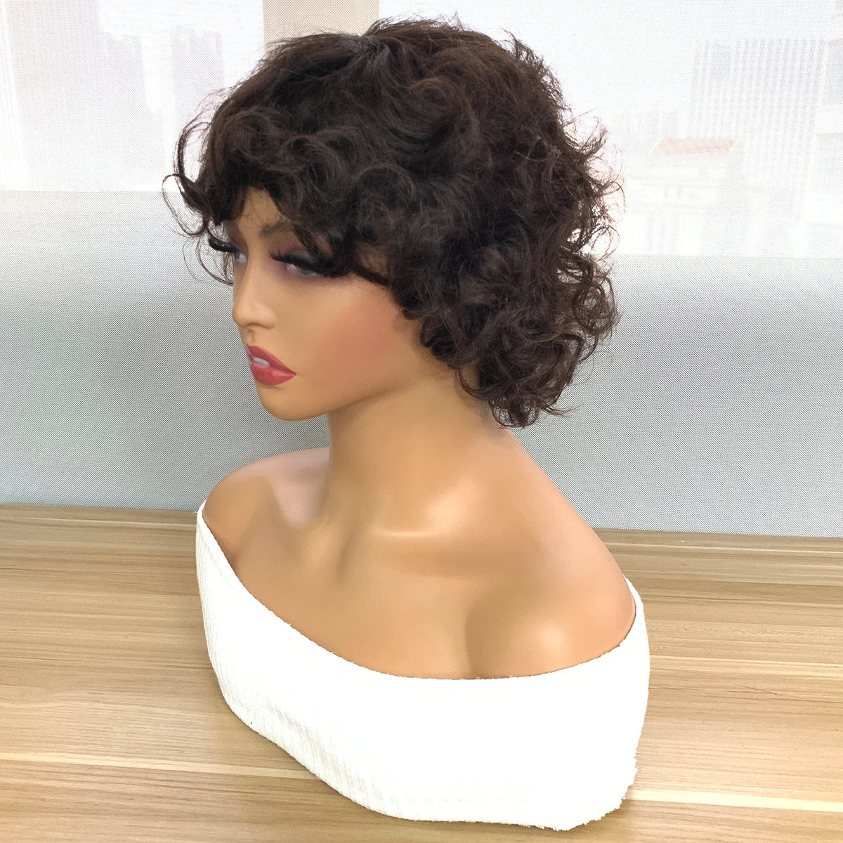 Bouncy Curly Short Pixie Bob Cut Human Hair Wigs With Bang Ombre Color Non Lace Full Machine Made Wig For Women Remy Hair