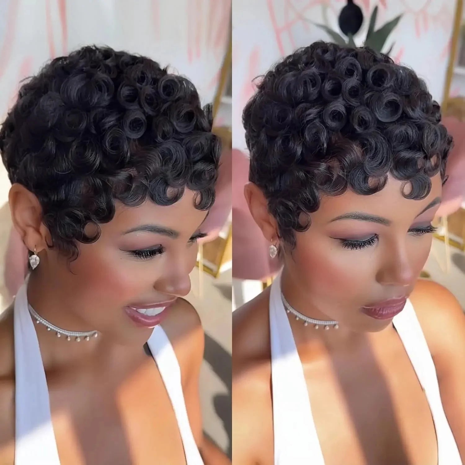 Short Bob Women's Human Hair Pixie Cut Wig Full Machine Made Short Layered Curly with Bangs, Natural Black 210% Density