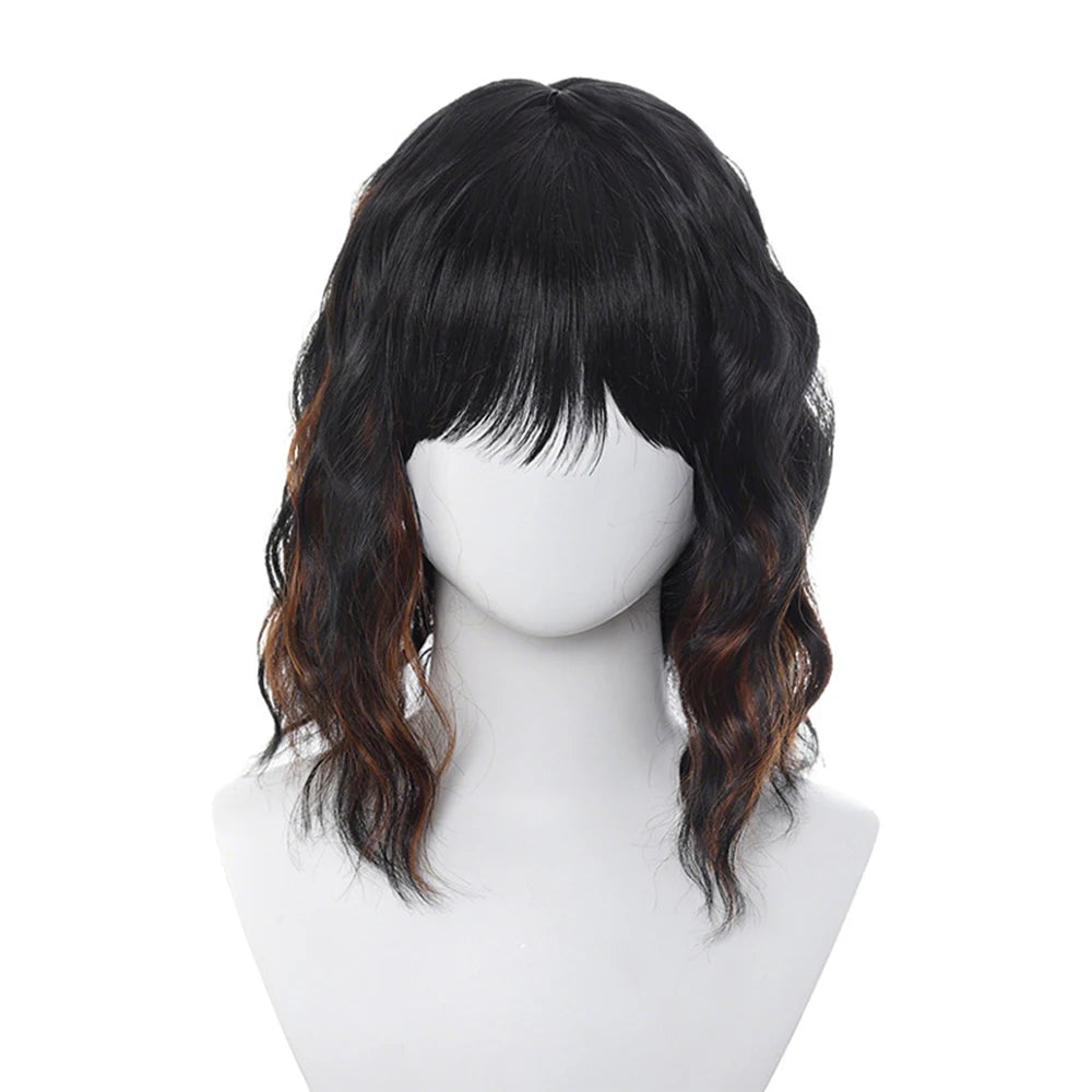 Natural Black Short Curly Wig for Women - Shoulder Length Wavy Bob with Bangs | Synthetic Heat-Resistant Hair
