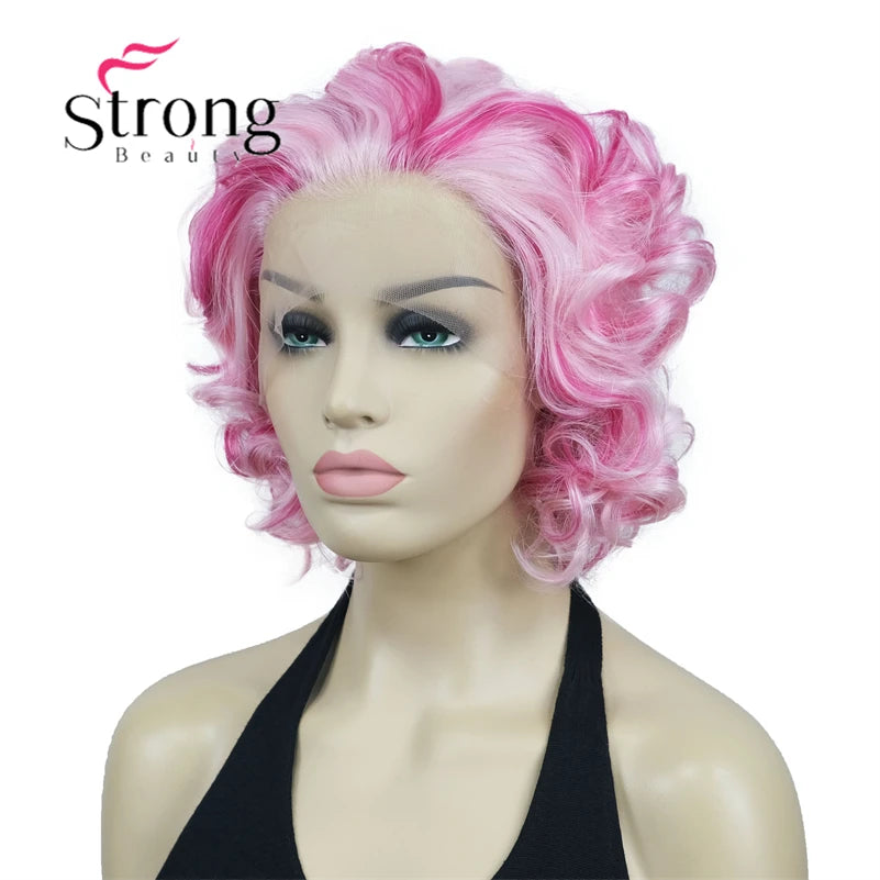 Short Curly Bob Wig Lace Front Wig Pink Synthetic Lace Front Wig For Women Natural Hairline Heat Resistant Synthetic Fiber