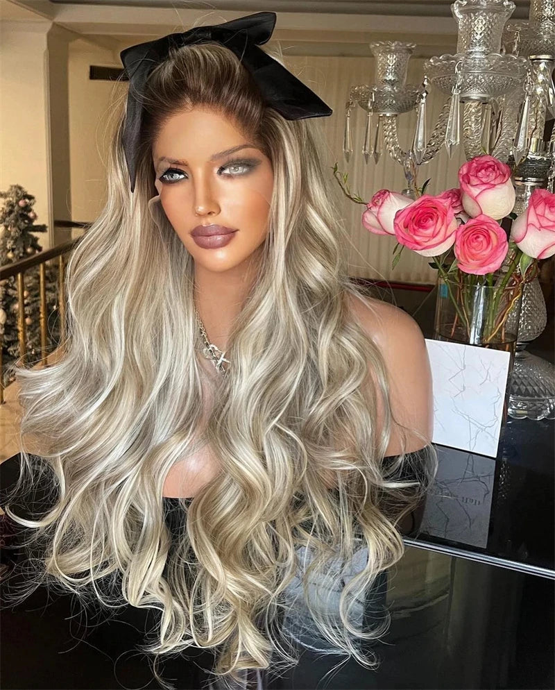 Glueless Wig Premium Fibre Synthetic Hair Lace Front Wig Platinum Ash Blonde Highlights colored Lace Front Wig Natural Hairline