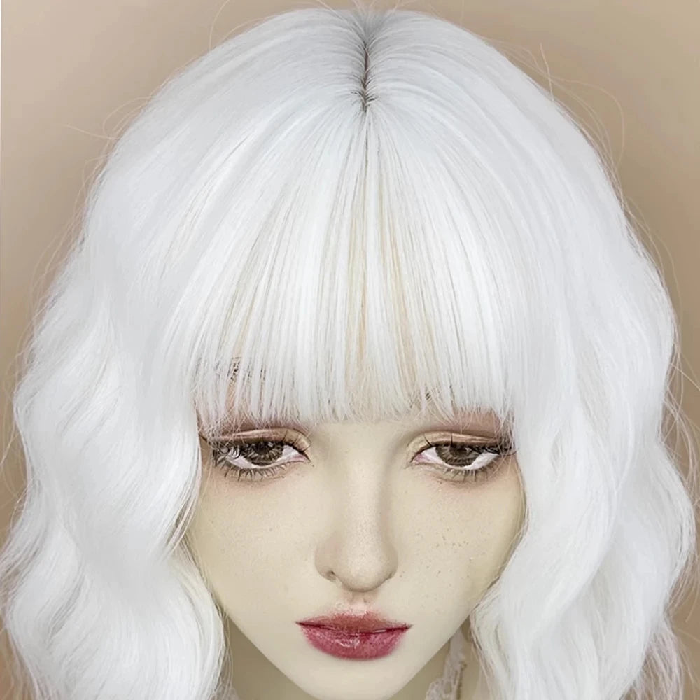 Synthetic Short Curly White Bob Wig with Bangs for Women Daily Cosplay Lolita Party Fake Hair Heat Resistant