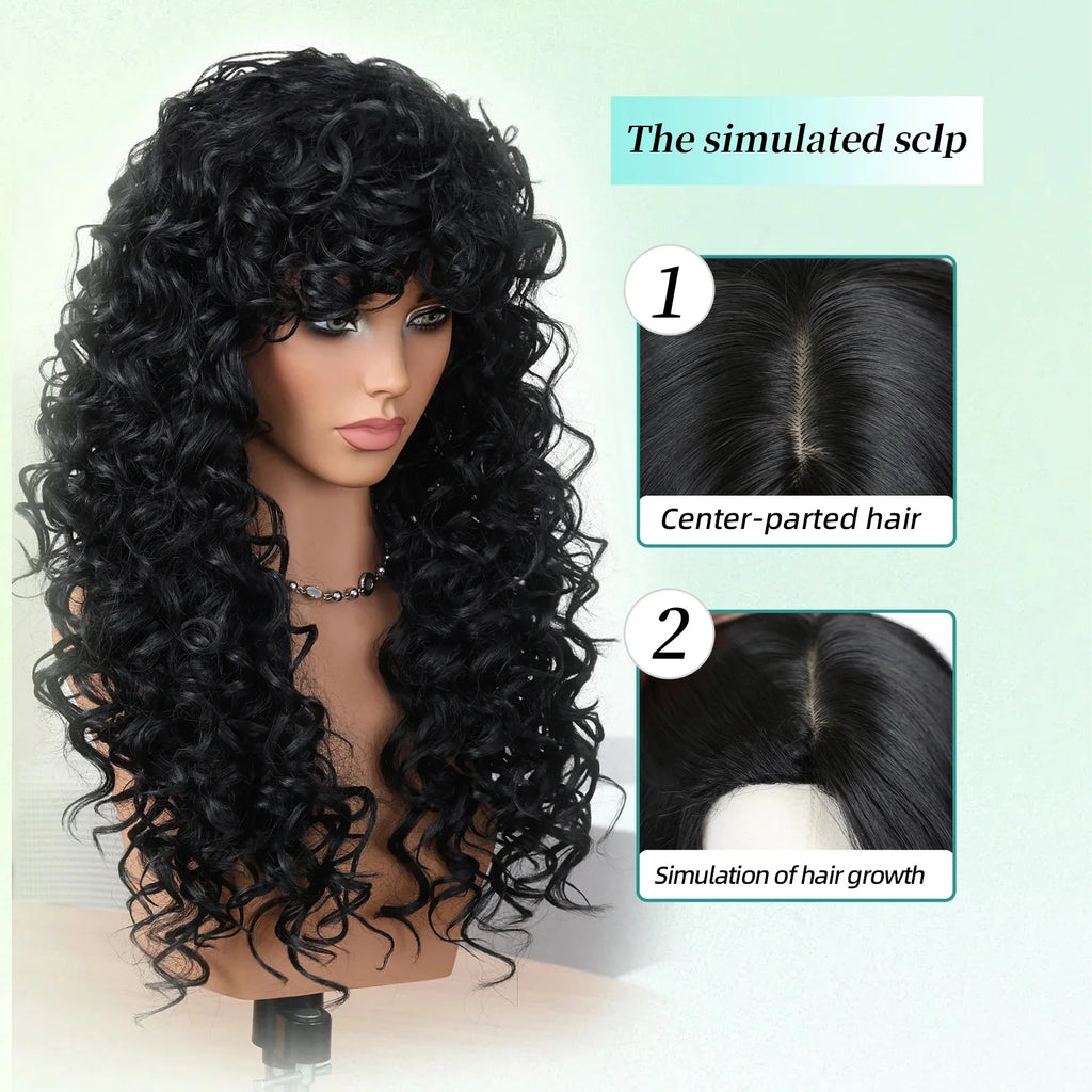 Natural Black Long Curly Synthetic Wigs for Women with Bangs Heat Resistant Hair for Daily Party Cosplay Halloween Styling