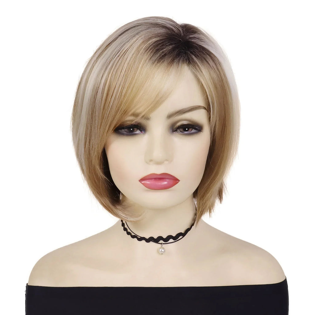 Bob Wigs for Women Synthetic Hair Heat Resistant Fiber Mixed Blonde Short Straight Hair Wig with Bangs Natural Hairstyle Costume