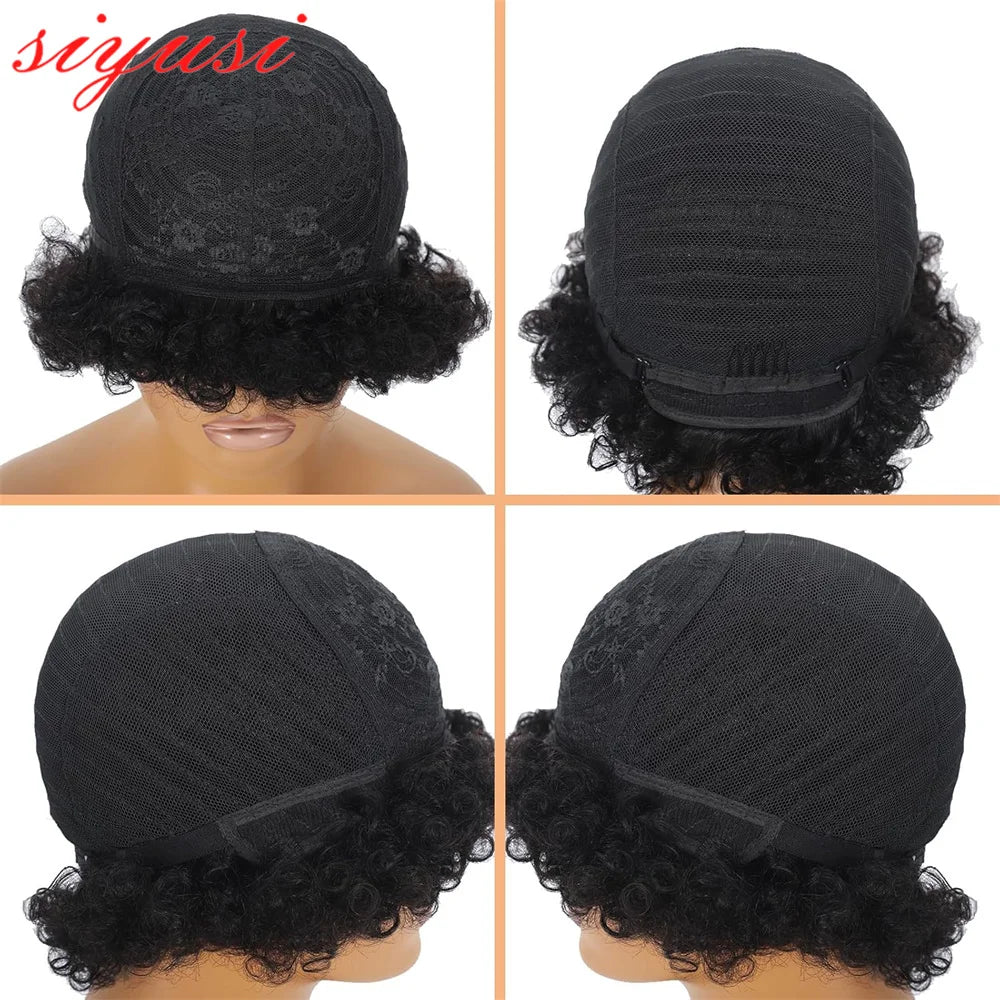 Short Afro Curly Human Hair Wigs 8 Inch Malaysian Remy Curly Afro Hair Wig Full Machine Made Pixie Cut Wigs with Bangs for Women