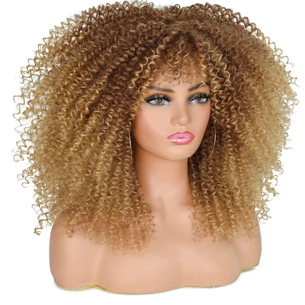 Curly Wigs for Black Women Afro Curly Wig with Bangs Synthetic Fiber Machine Made Glueless Kinky Curly Hair Blonde