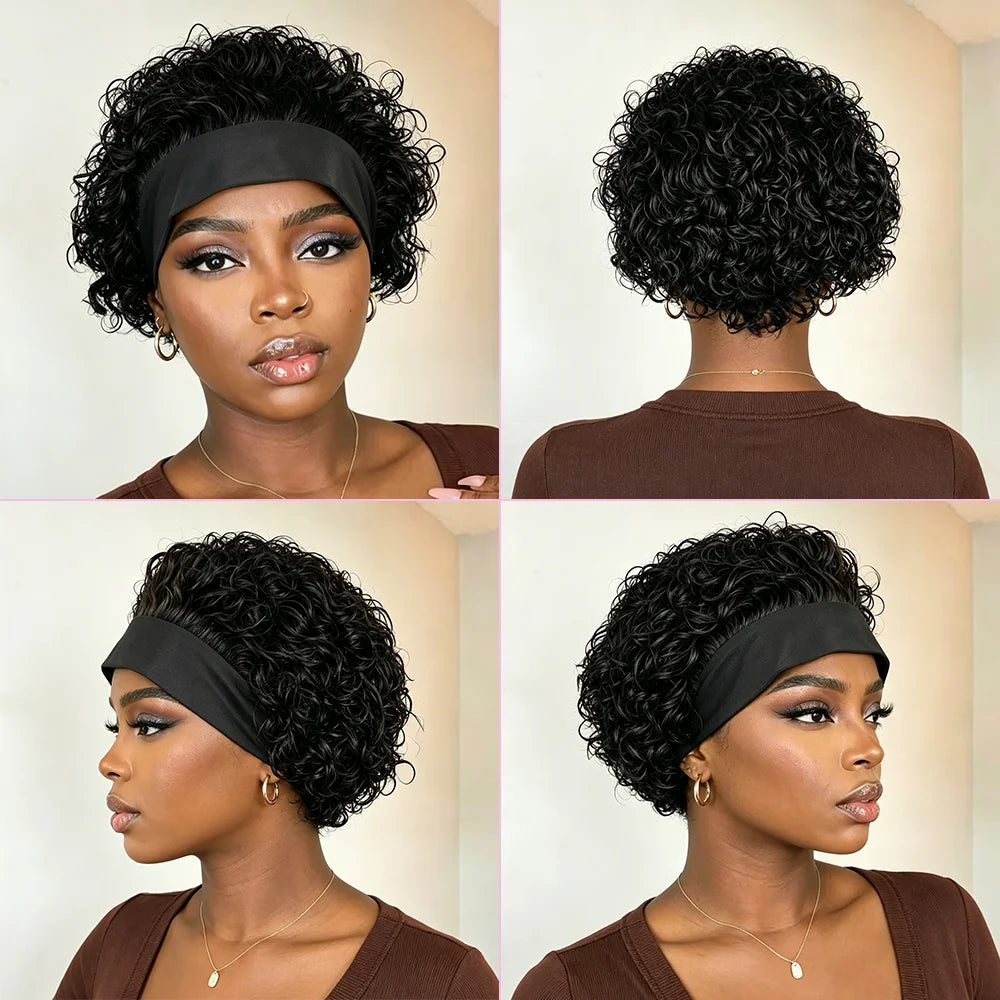 Headband Wig Human Hair for Woman Pixie Cut Wig Short Curly Hair Headband Wig Machine Made 180% Density Black Beginner Friendly
