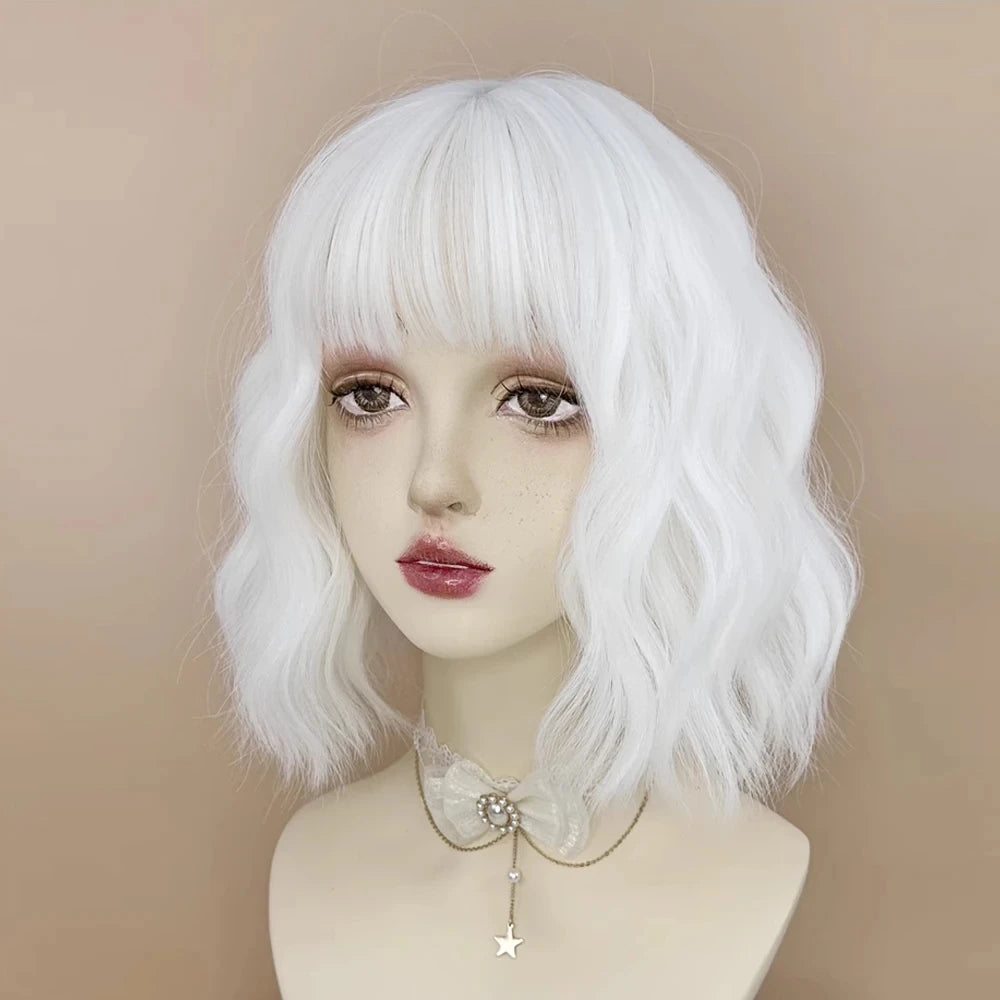 Synthetic Short Curly White Bob Wig with Bangs for Women Daily Cosplay Lolita Party Fake Hair Heat Resistant