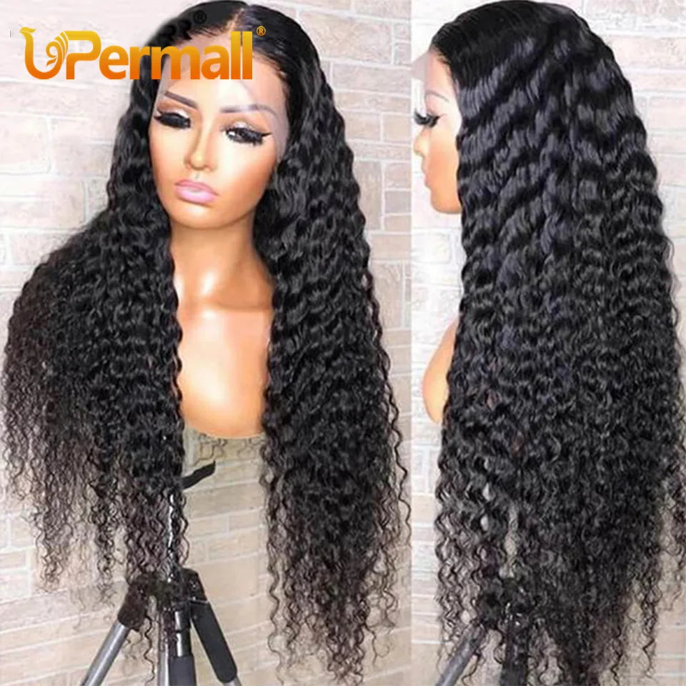 Upermall Deep Curly HD Transparent Lace Front Human Hair Wigs Brazilian Remy 30 Inch 13x4 Deep Wave Frontal BOB For Black Women