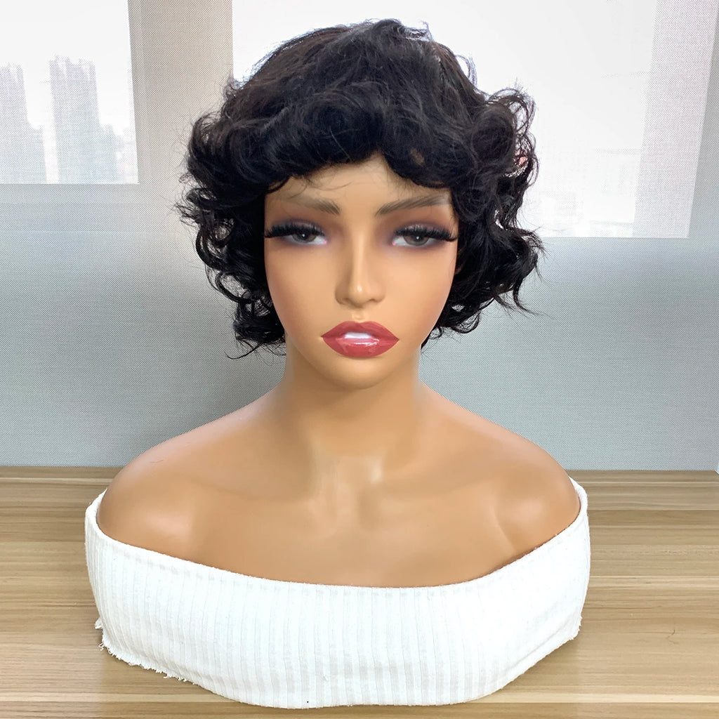 Bouncy Curly Short Pixie Bob Cut Human Hair Wigs With Bang Ombre Color Non Lace Full Machine Made Wig For Women Remy Hair
