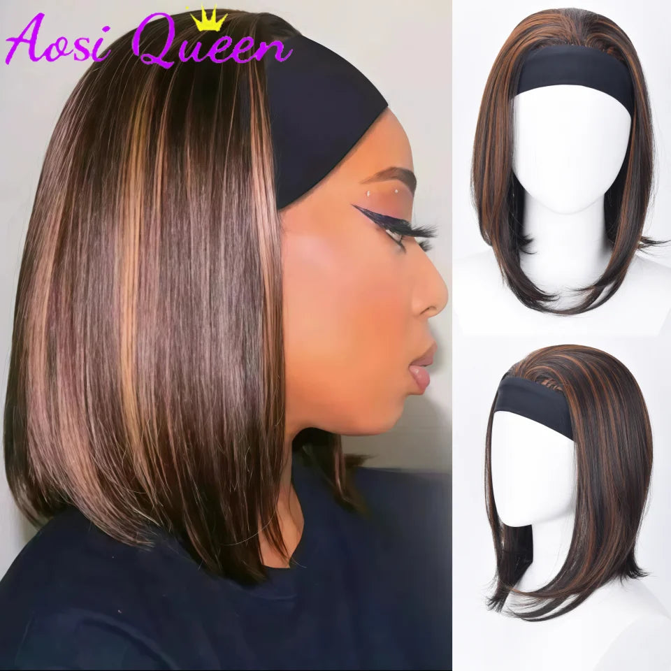 16 Inch Headband Wig For Women Mixed Brown Ombre Bob Wig Straight Synthetic Heat Resistant Wig With Headband For Daily Party Use