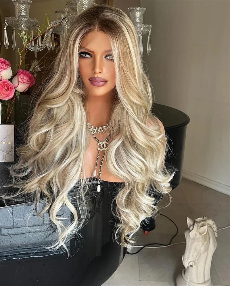 Glueless Wig Premium Fibre Synthetic Hair Lace Front Wig Platinum Ash Blonde Highlights colored Lace Front Wig Natural Hairline