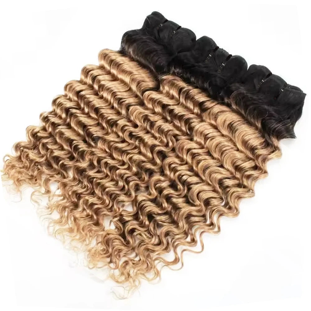16A 100% Human Hair T1B/27 Honey Blonde Human Hair Bundles Deep Wave Hair Weft Ombre Color #27 Brazilian Hair Extensions 1/3 Pcs