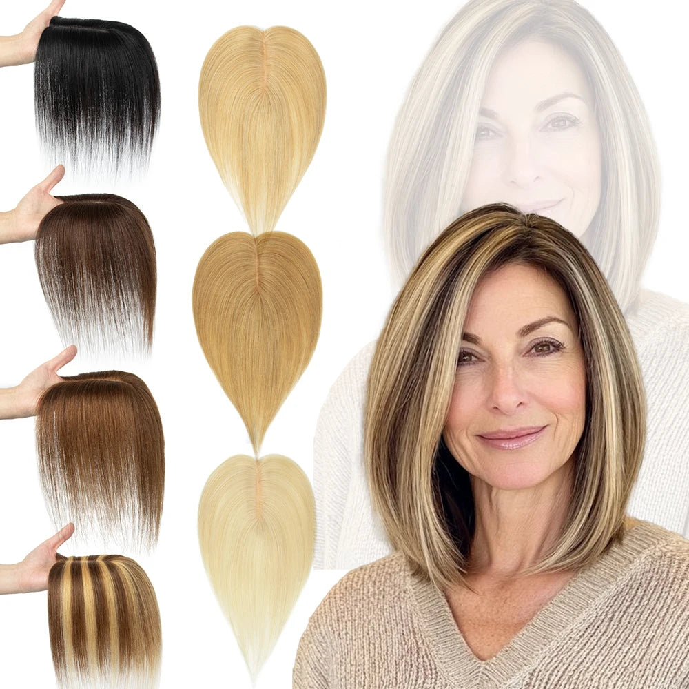 Human Hair Toppers For Women 4x13cm Silk Base Ultra-thin 360°Cover Wide Hairpart/Grey Hair Highly Breathable Easy Install&Remove