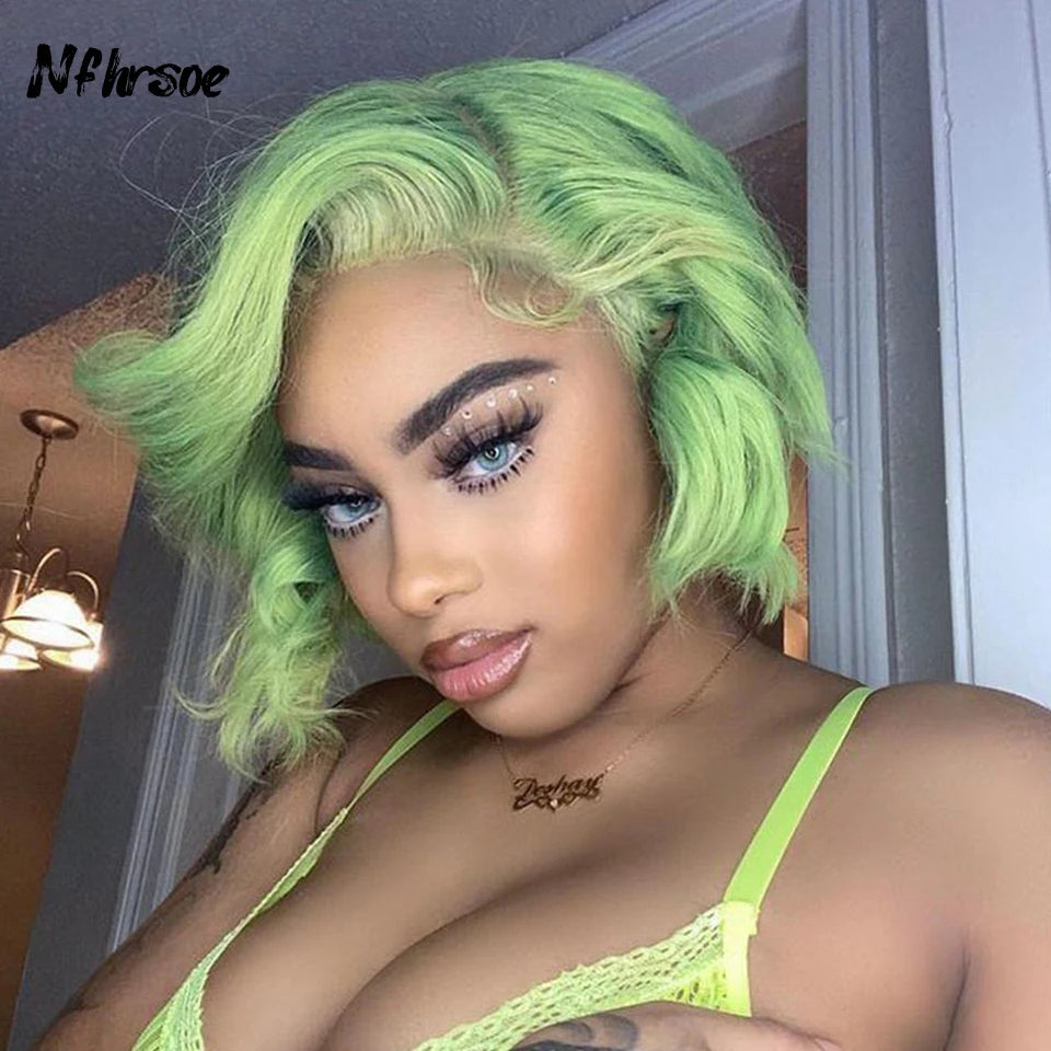 13X4 HD Lace Front Wig Brazilian Short Wave Pixie Cut Human Hair Wigs For Women Preplucked Light Green Colored Short Bob Wigs