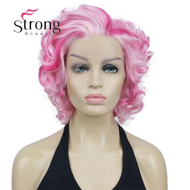 Short Curly Bob Wig Lace Front Wig Pink Synthetic Lace Front Wig For Women Natural Hairline Heat Resistant Synthetic Fiber