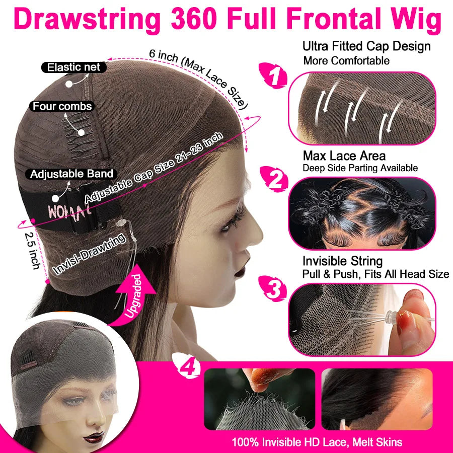 360 HD Lace Front Invisi Drawstring Wig Cap Straight Hidden Strap Glueless Human Hair Wigs Full Lace Wigs Remy Brazilian Hair