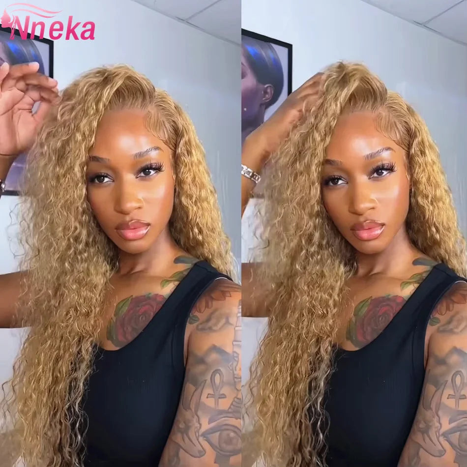Curly Honey Blonde Wig Human Hair 13x6 Deep Wave Frontal Wigs For Women 13x4 Hd Water Wave Lace Front Wig #27 Colored Wig 30Inch