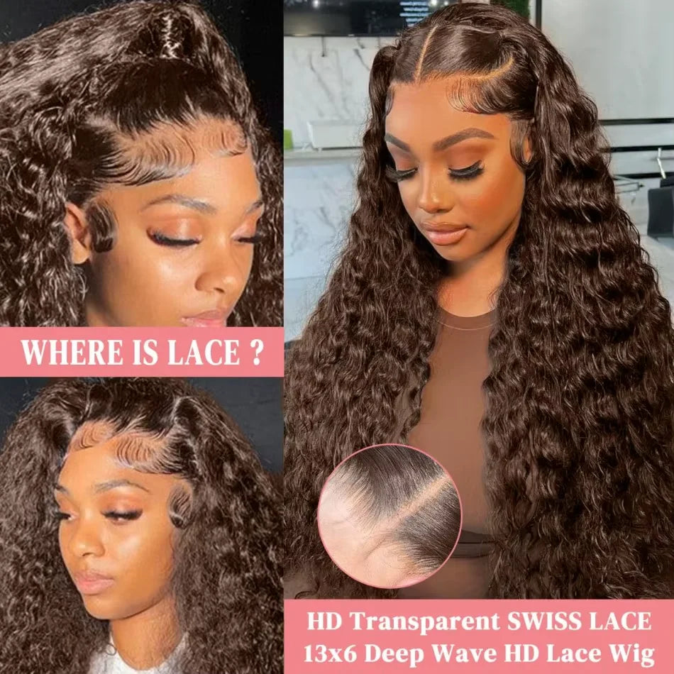 250% Density Chocolate Brown Deep Wave Wigs Human Hair 13x4 13x6 HD Lace Front Human Hair Wig 30 40 Inch Lace Frontal Curly Wig