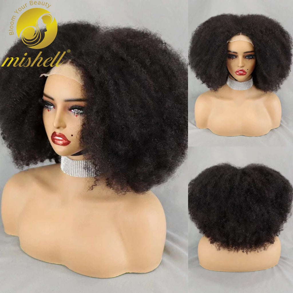 16 Inch Natural Afro Kinky Curly Human Hair Wig Bob Wigs 300% Density Short 4x4 Lace Closure Curly Wigs with Baby Hair for Women