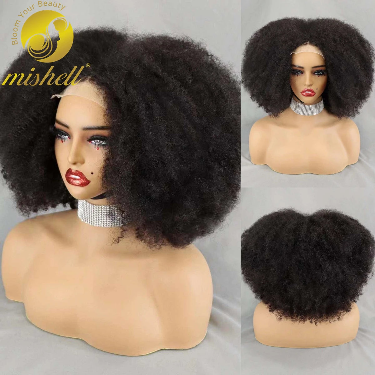 16 Inch Natural Afro Kinky Curly Human Hair Wig Bob Wigs 300% Density Short 4x4 Lace Closure Curly Wigs with Baby Hair for Women