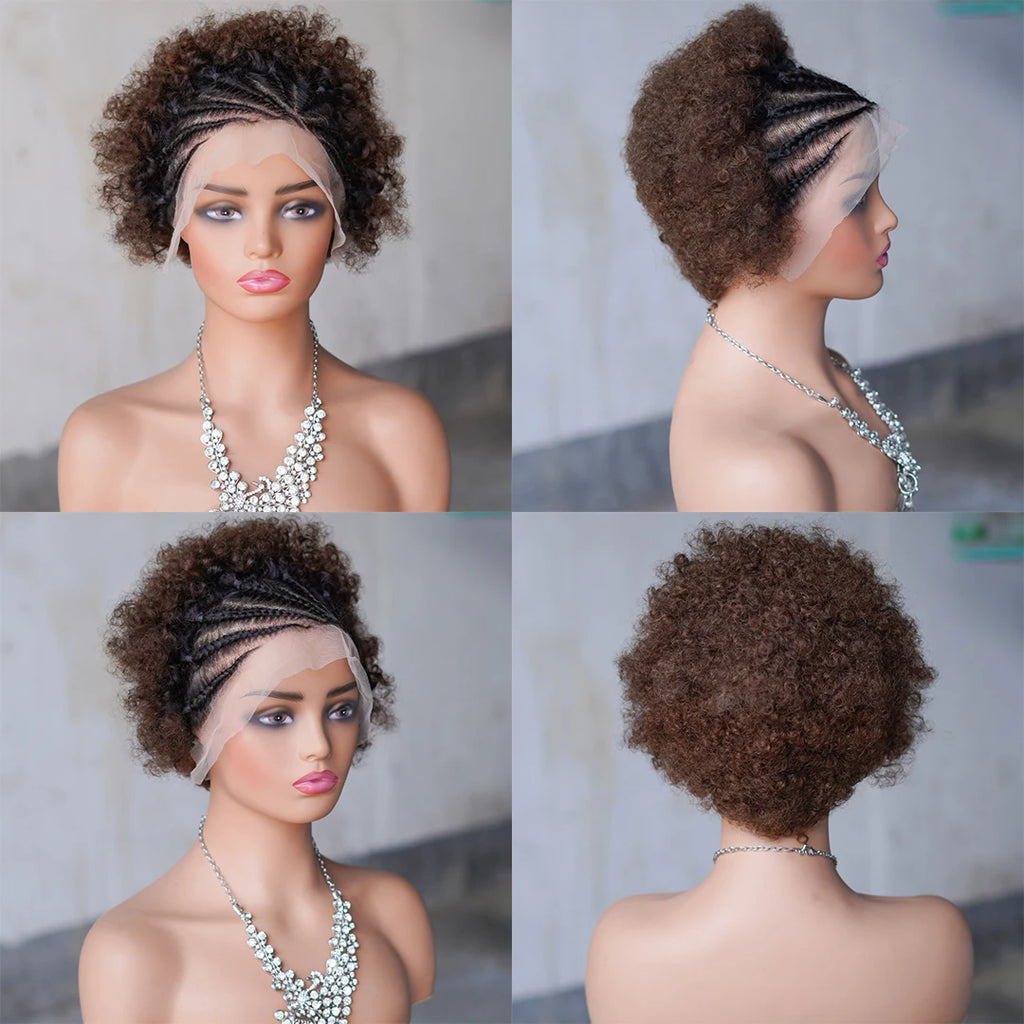 Afro Curly Wigs Colorful Human Hair Wigs with Braids 13×4 Lace Front Wig Remy Human Hair Wig for Women