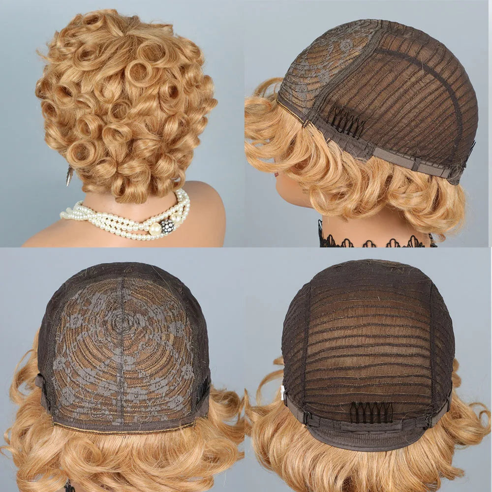 Short Curly Pixie Cut Wigs For Women Curly Wig Brazilian Remy Human Hair Blond 27# Short Bob Full Machine Made Wig 200% Density