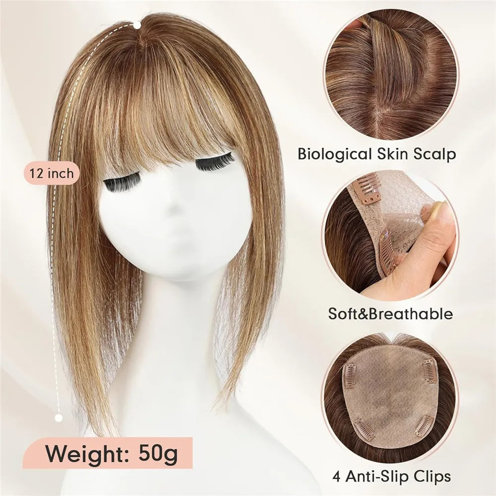 Human Hair Toppers for Women with Bangs 5"*5.5"Large Coverage Mixed Brown 100% Real Human Toppers for Women with Thinning Hair