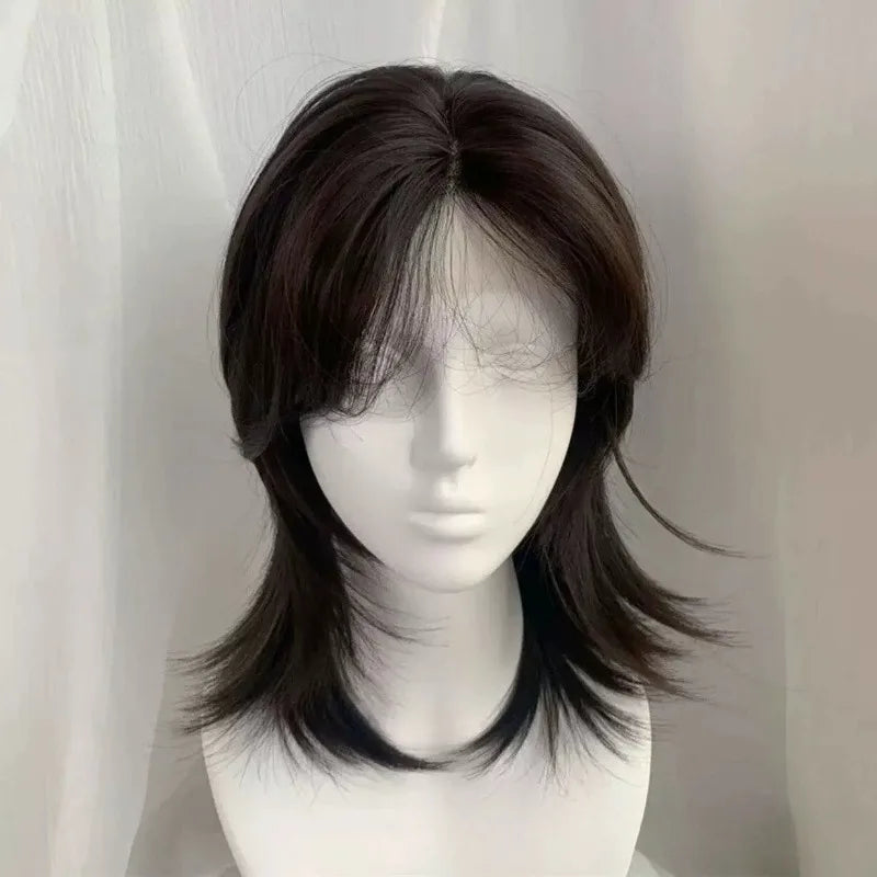 Lace Front Wolf Cut Wig - Short Curly Anime Cosplay Hair with Bangs - Korean Style Wolf Tail Hairpiece for Women (Pre-Plucked)