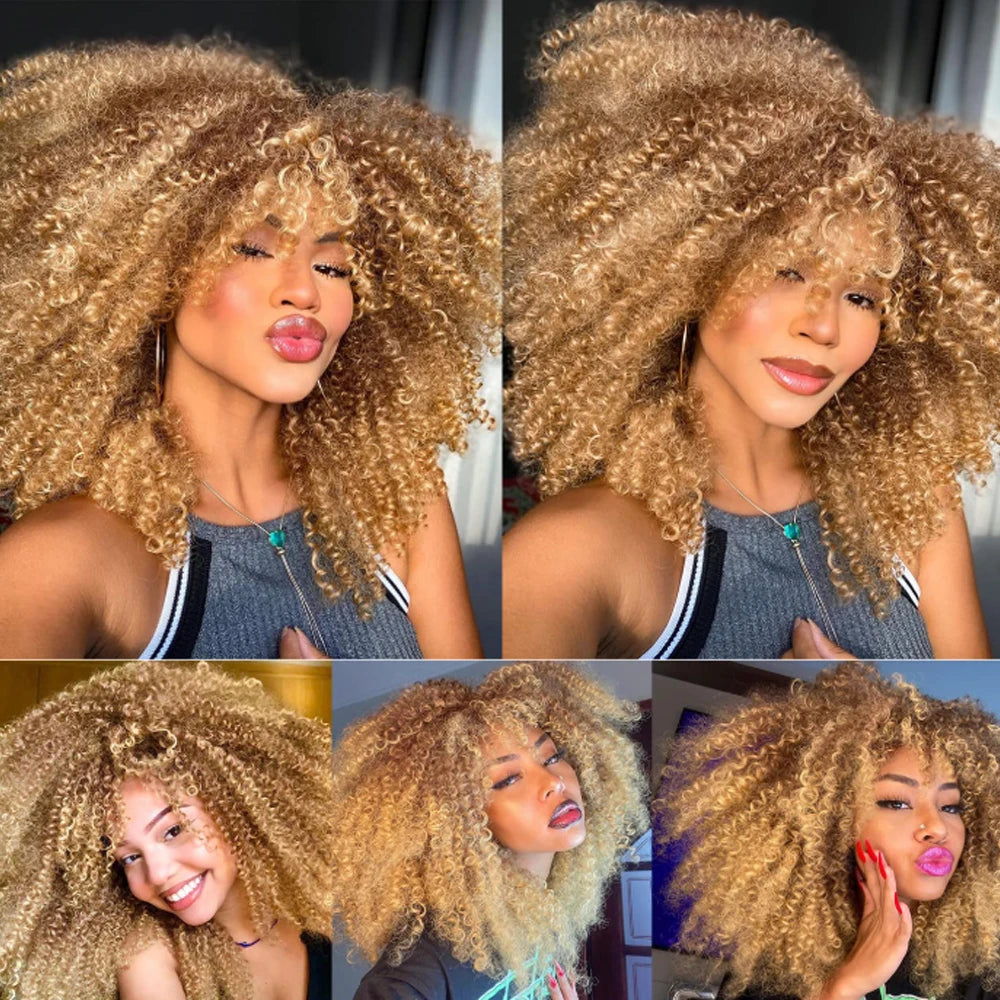 Curly Wigs for Black Women Afro Curly Wig with Bangs Synthetic Fiber Machine Made Glueless Kinky Curly Hair Blonde