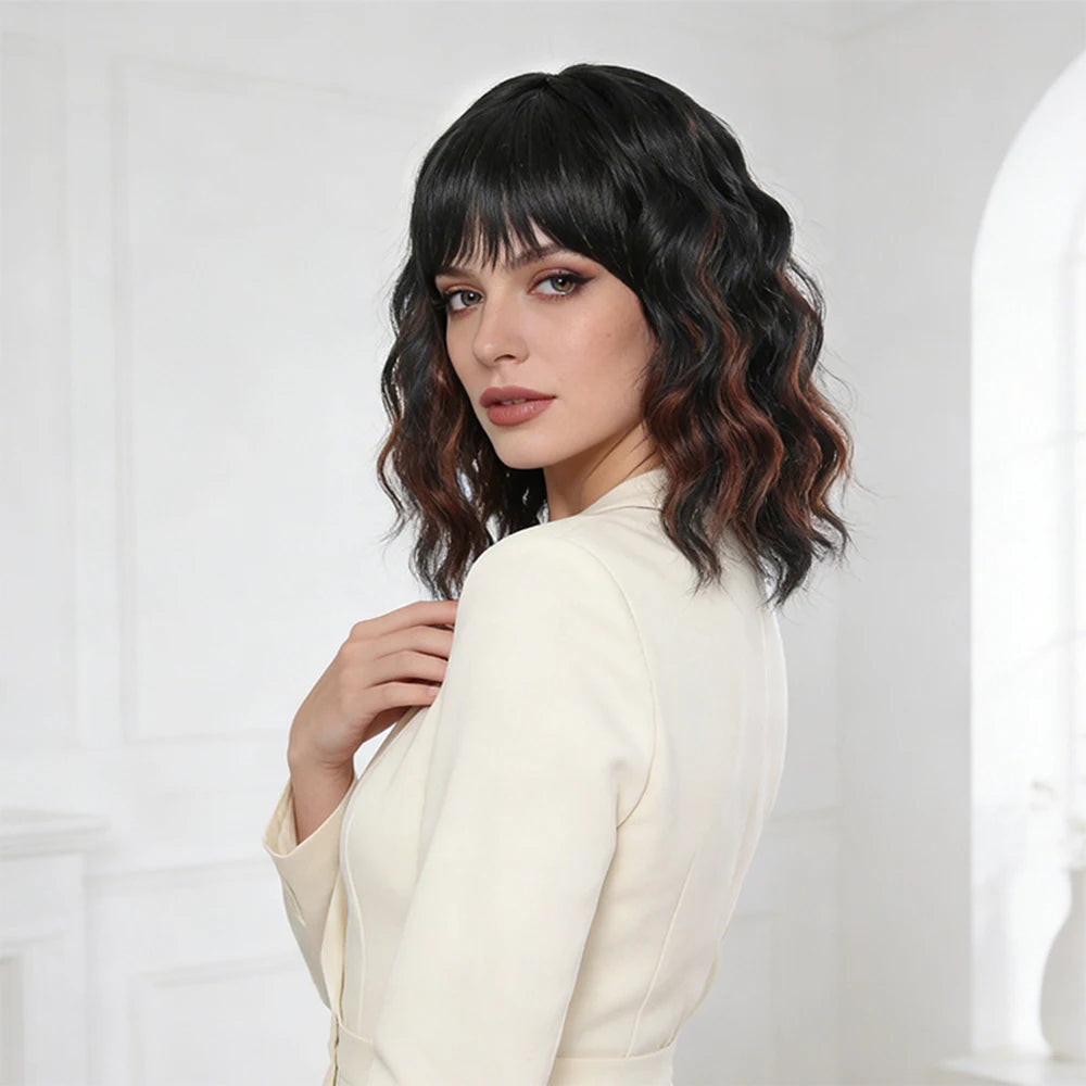 Natural Black Short Curly Wig for Women - Shoulder Length Wavy Bob with Bangs | Synthetic Heat-Resistant Hair