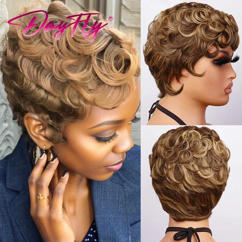 Blonde Curly Pixie Cut Wigs Short Colorful Human Hair Wigs For Black Women Brazilian Hair Full Machine Made Glueless Wigs 150%