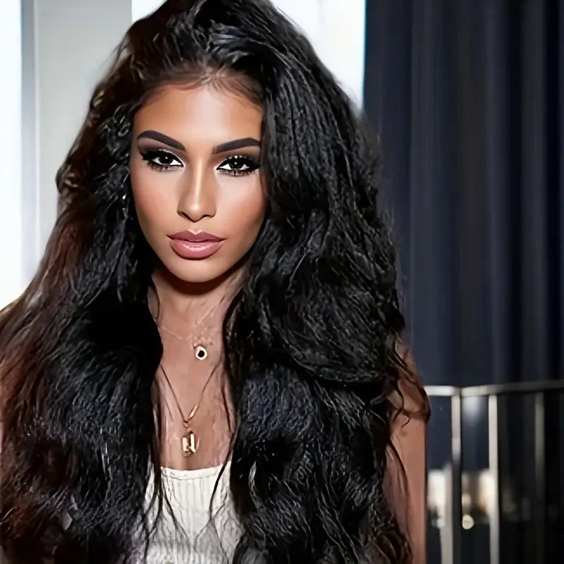 Super Soft Double Texture Yaki Body Wave 13x4 Lace Front Wig Synthetic 26Inch 180Density Kinky Straight Wavy Lace Front Wig