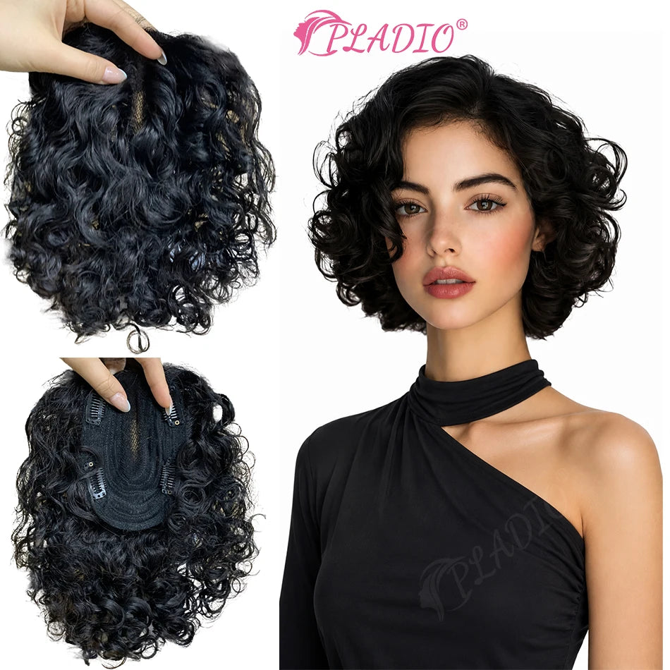 Real Human Hair Toppers for Women Clip In Curly 9x14cm 12 Inch Natural Black Breathable Mesh Base for Thinning Hair Add Volume