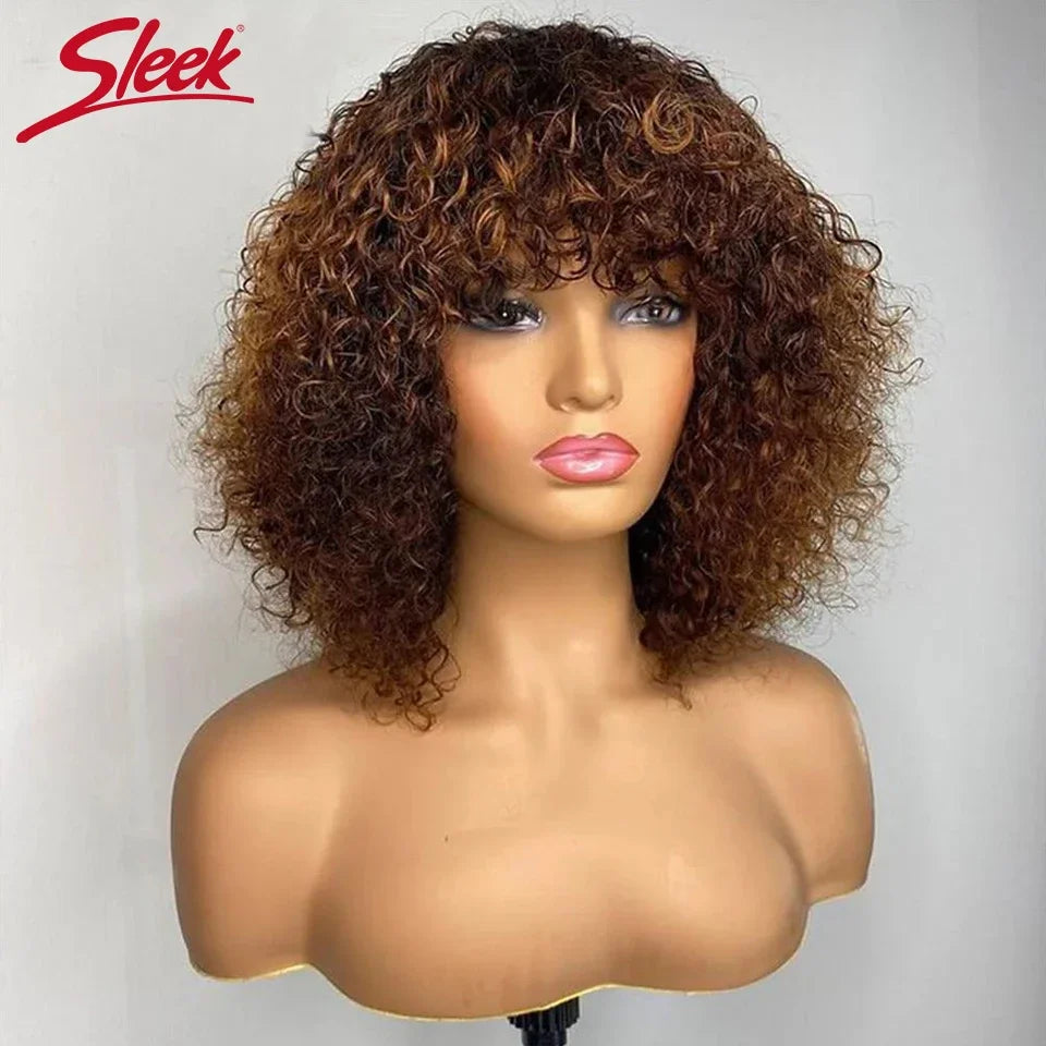 Brazilian Jerry Curly Short Bob Human Hair Wigs With Bang Wear To Go Glueless Wig Highlight Water Wave Blonde Wig For Women