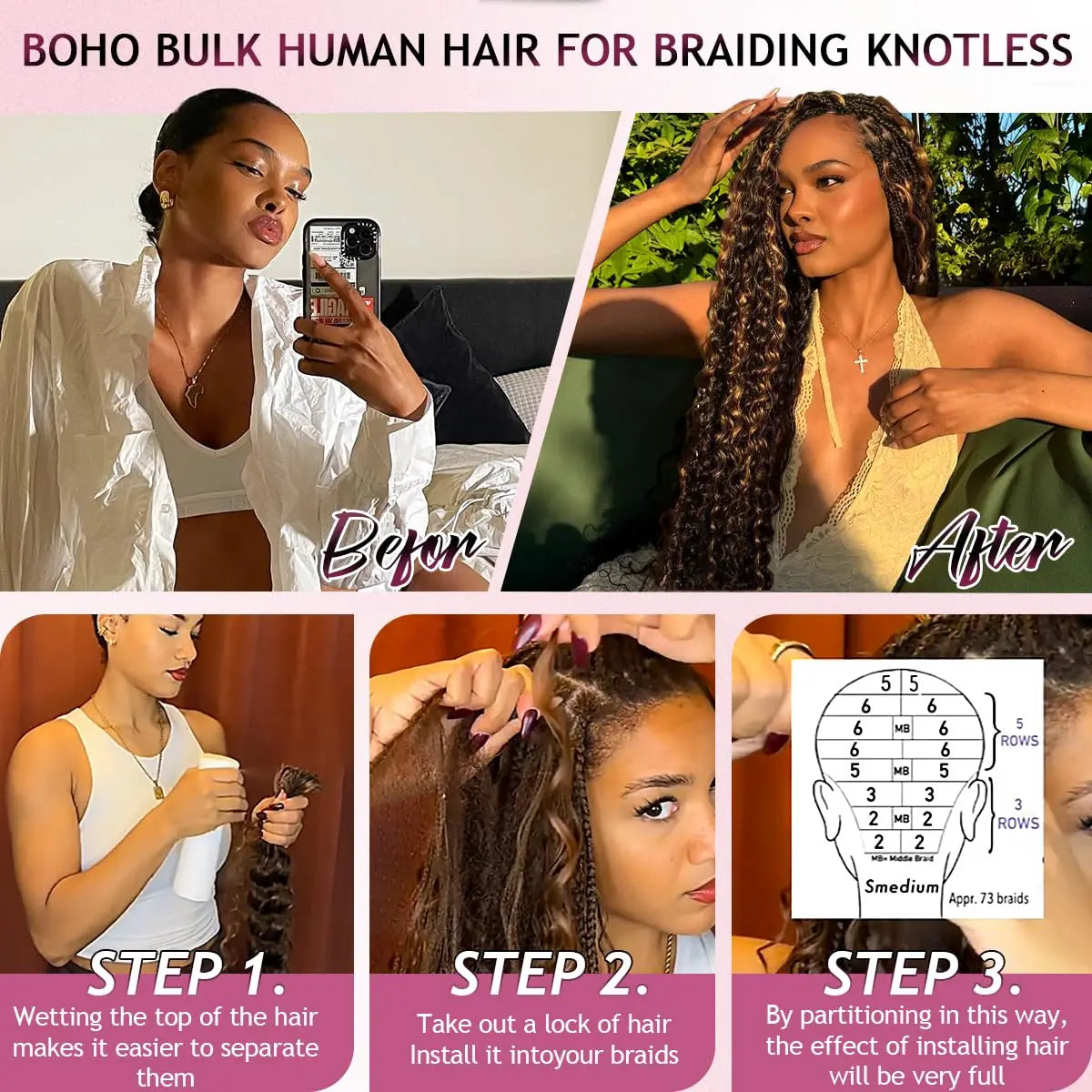 Highlight Boho Braids Human Hair Bulk Braiding Hair Deep Wave Human Hair P4/27 Remy Bulk Hair No Weft Bundle For Braiding